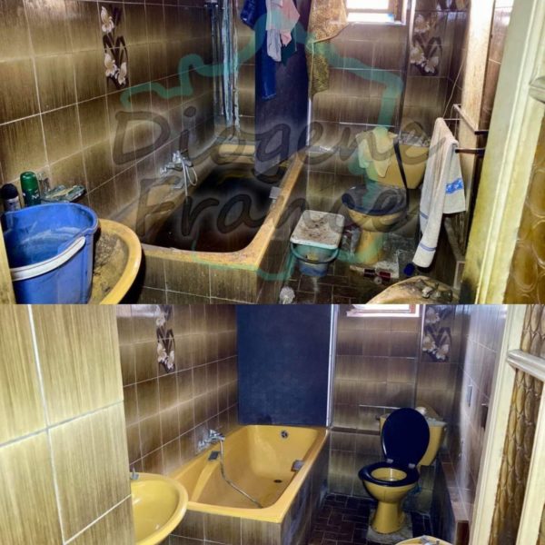Avant Après remise en état d'une salle de bain suite à un syndrome de Diogène