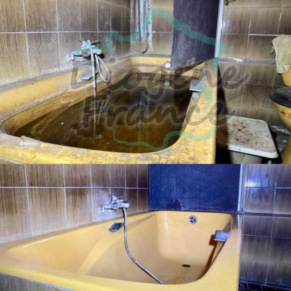 Photo Avant Après d'une baignoire dans un logement insalubre des suite d'un syndrome de Diogène sévère.