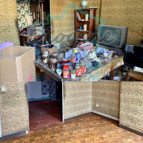Images avant après d'une intervention dans un logement insalubre d'accumulation extrême.